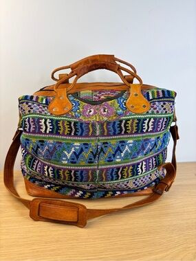 Vintage Large Handwoven Multicolor Boho Weekend Bag with Leather Trim